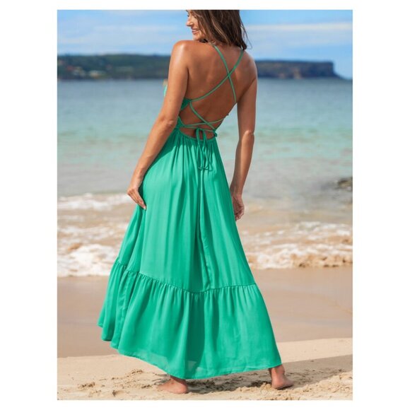 NWT Cupshe Women's Kelly Green Crochet Backless Lace-Up Maxi Dress Size Large - Picture 2 of 13